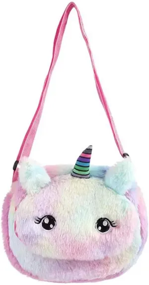 Little Girls Kids Toddler Unicorn Fuzzy Plush Crossbody Purse Rainbow Faux Fur Wallet Handbag
