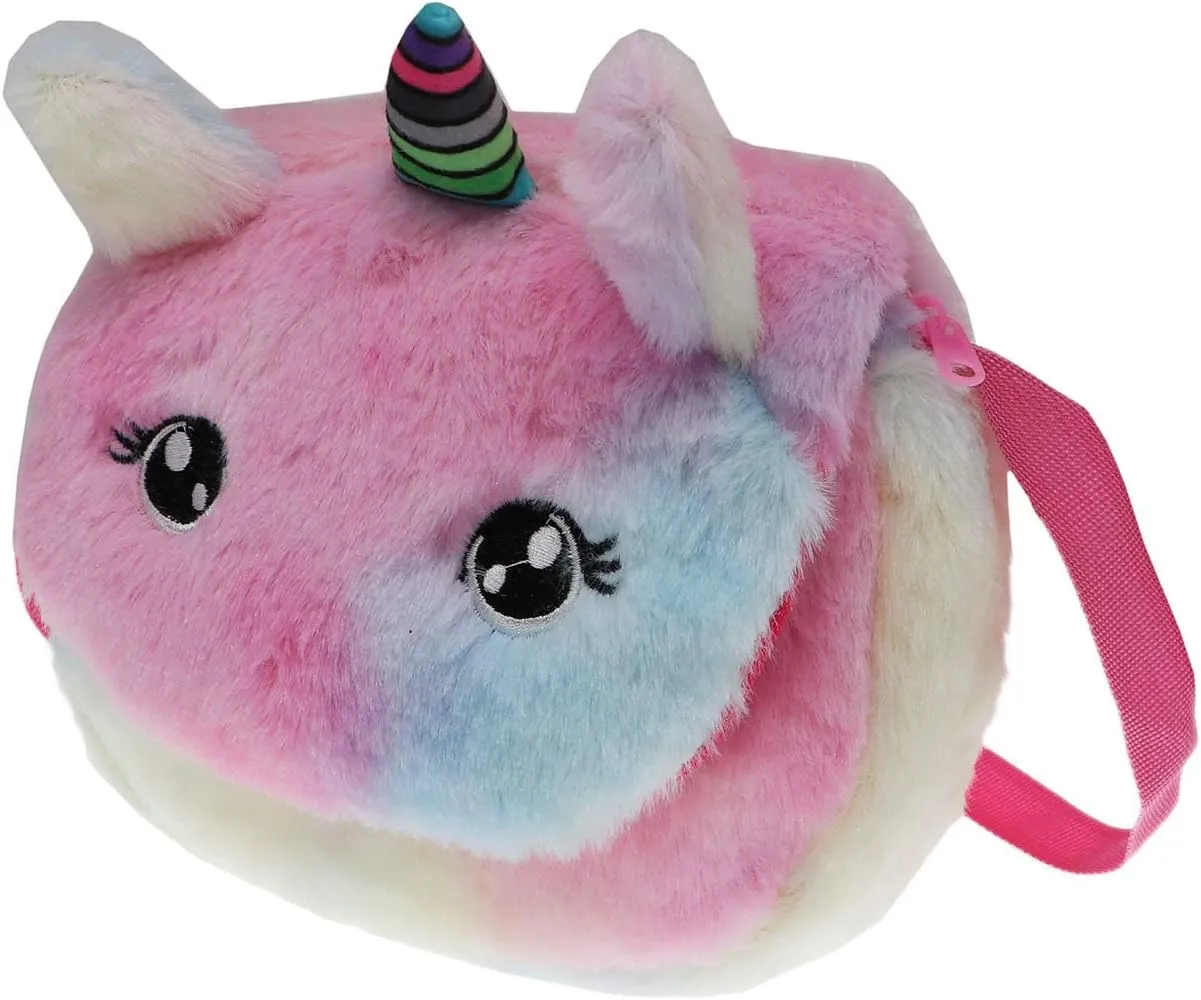 Little Girls Kids Toddler Unicorn Fuzzy Plush Crossbody Purse Rainbow Faux Fur Wallet Handbag