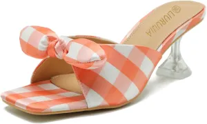 LIURUIJIA Bow Tie kitten heel sandals for women Mule Sandals Slingback Square Open Toe Low Wedding Heels Backless Slip On Slide Summer Cute Wedding Bridal Sandals Shoes