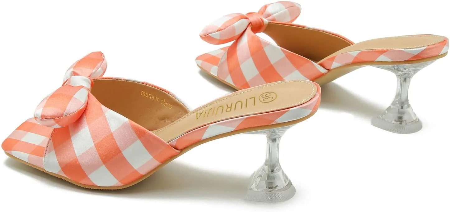 LIURUIJIA Bow Tie kitten heel sandals for women Mule Sandals Slingback Square Open Toe Low Wedding Heels Backless Slip On Slide Summer Cute Wedding Bridal Sandals Shoes