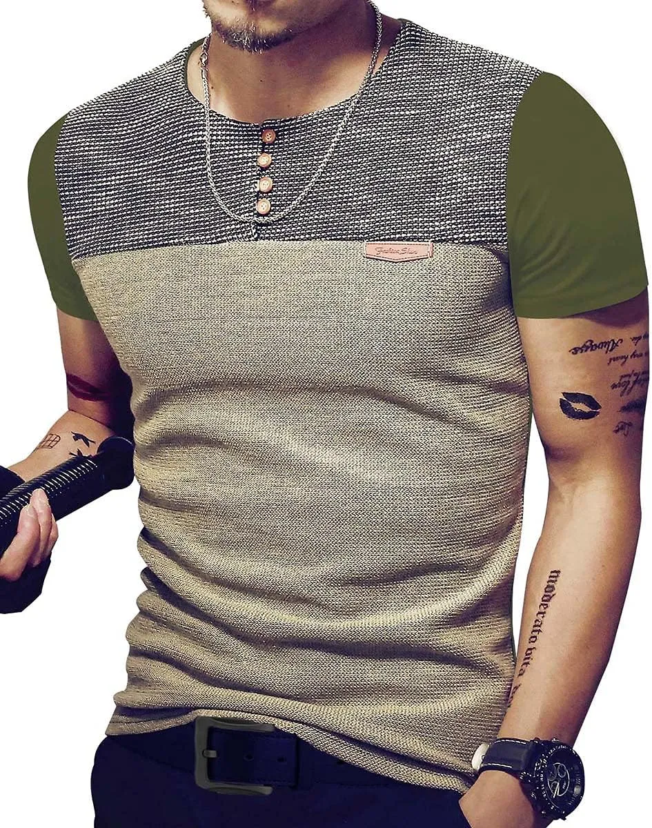 LOGEEYAR Mens Slim Fitted Casual Short Sleeve Button T-Shirts Contrast Color Stitching Tees Tops