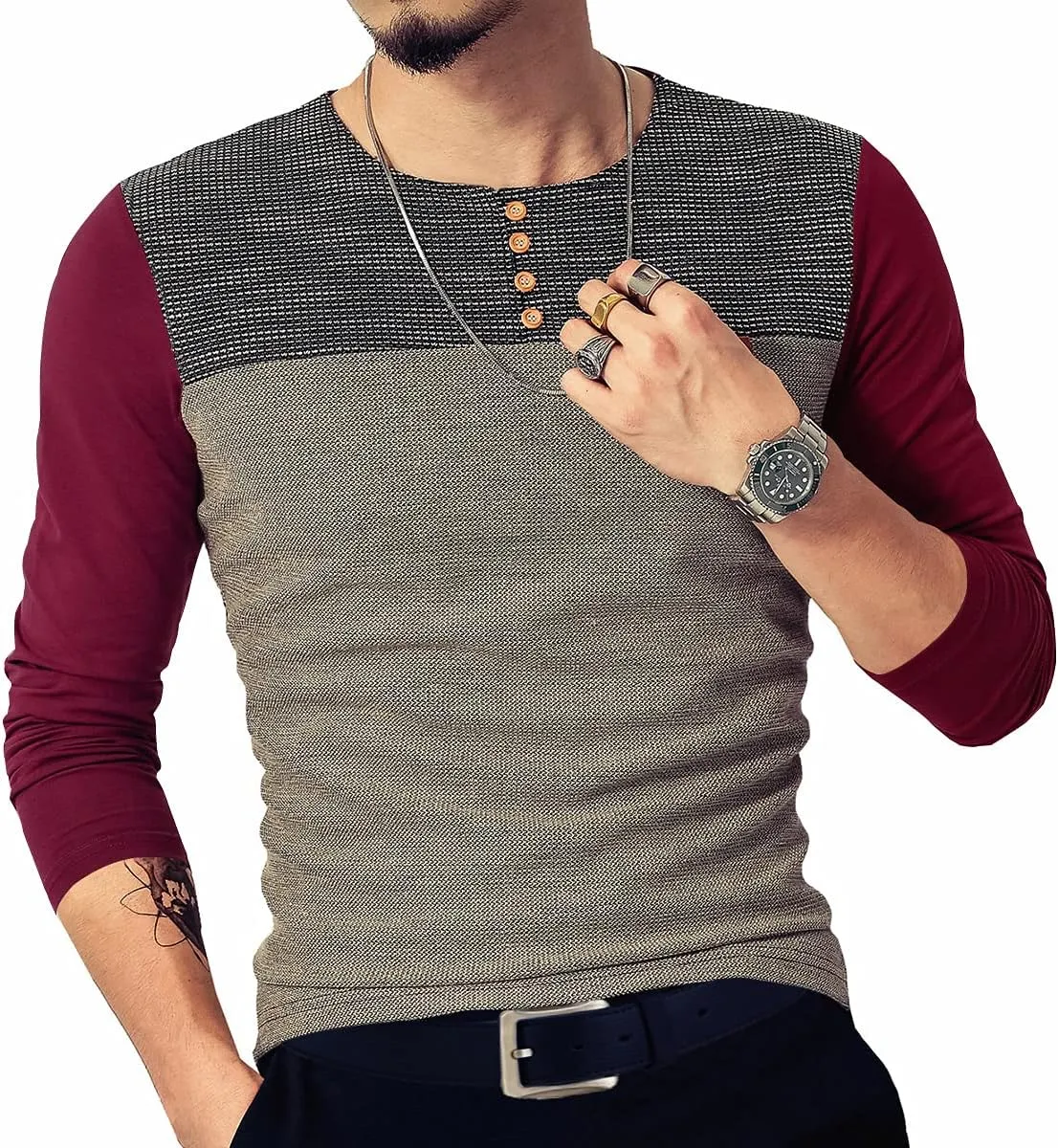 LOGEEYAR Mens Slim Fitted Casual Short Sleeve Button T-Shirts Contrast Color Stitching Tees Tops