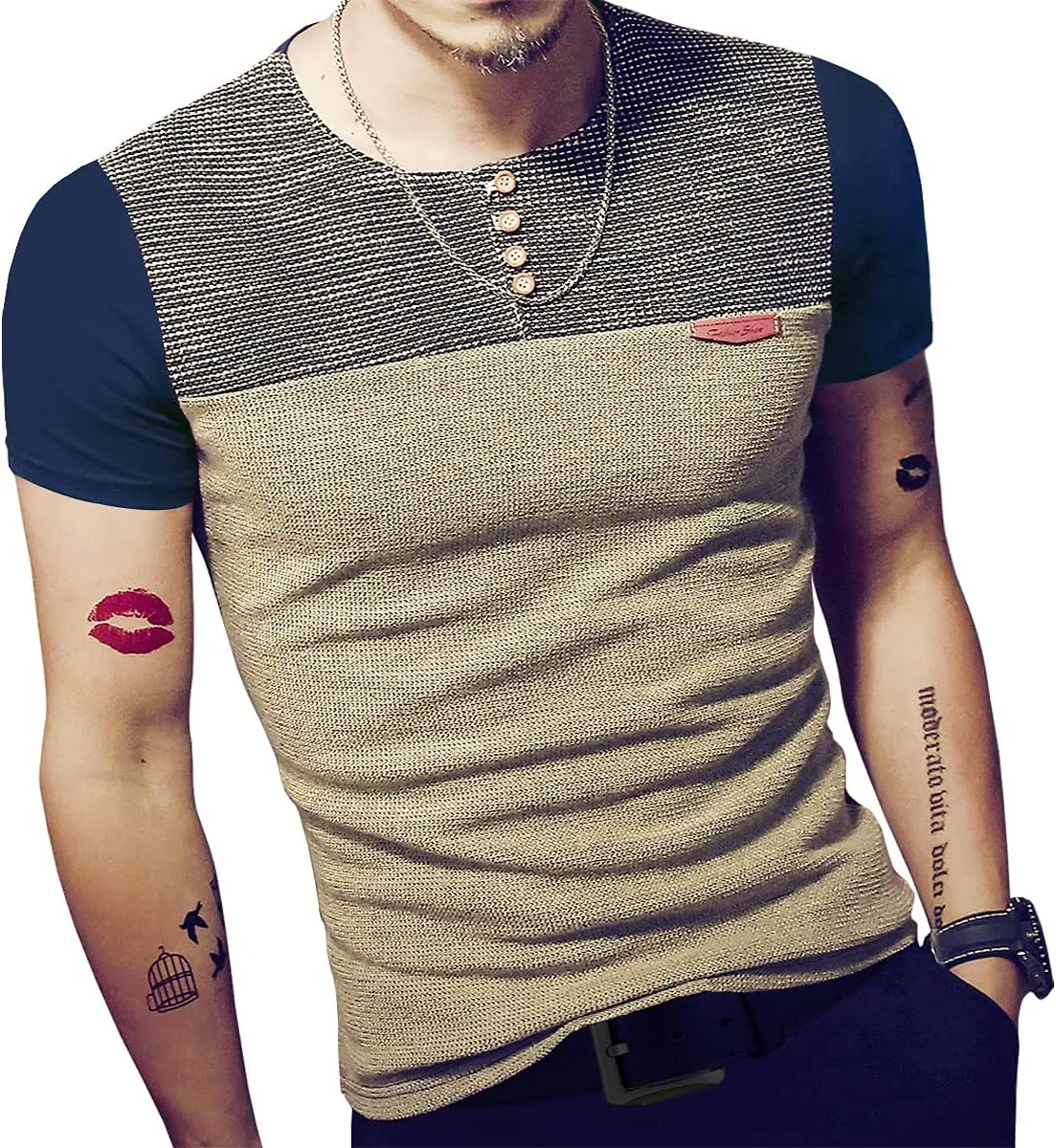 LOGEEYAR Mens Slim Fitted Casual Short Sleeve Button T-Shirts Contrast Color Stitching Tees Tops