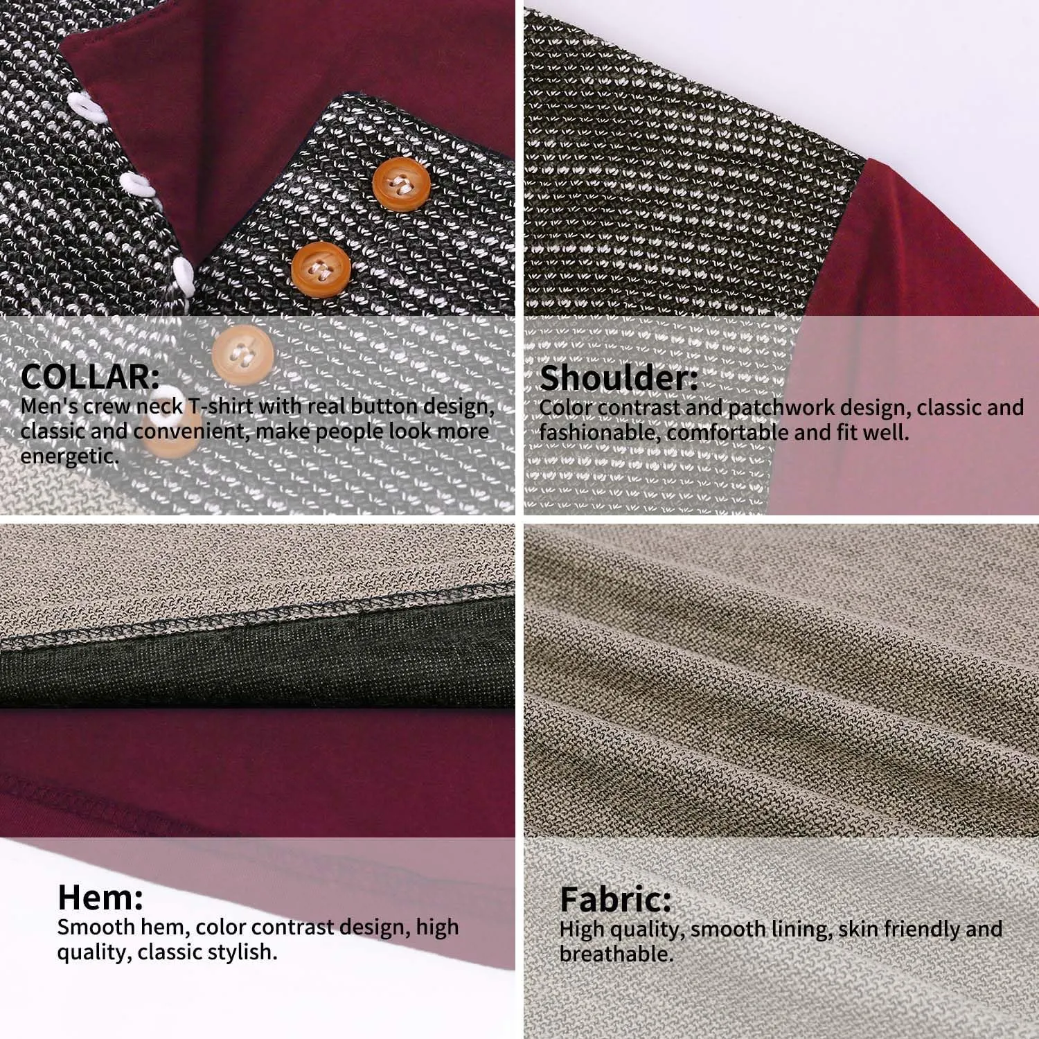 LOGEEYAR Mens Slim Fitted Casual Short Sleeve Button T-Shirts Contrast Color Stitching Tees Tops