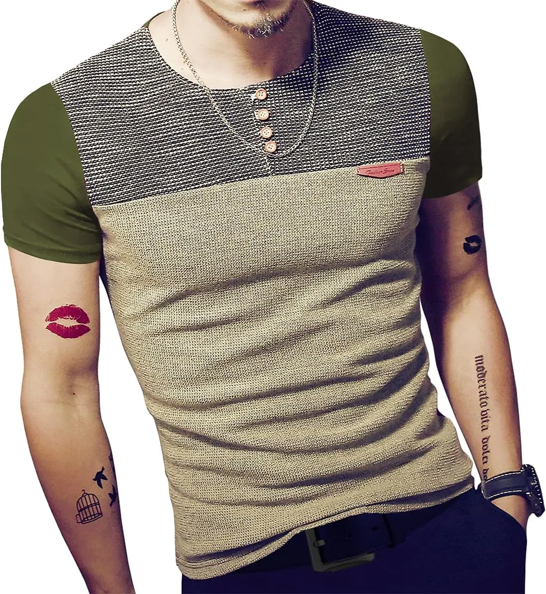LOGEEYAR Mens Slim Fitted Casual Short Sleeve Button T-Shirts Contrast Color Stitching Tees Tops