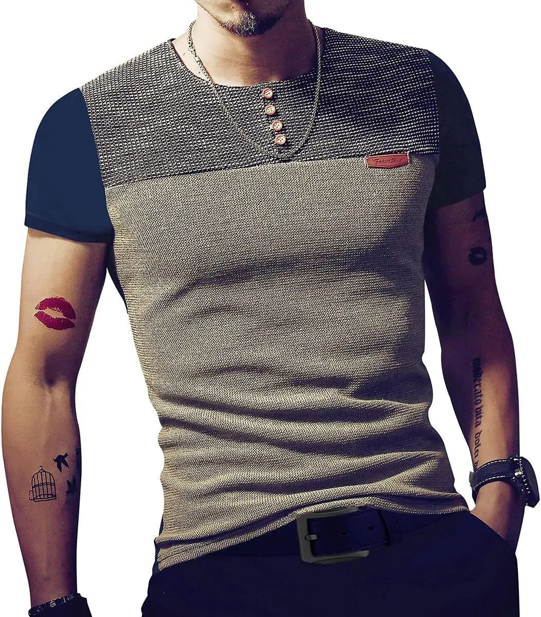 LOGEEYAR Mens Slim Fitted Casual Short Sleeve Button T-Shirts Contrast Color Stitching Tees Tops