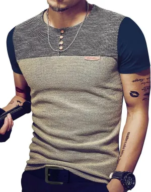 LOGEEYAR Mens Slim Fitted Casual Short Sleeve Button T-Shirts Contrast Color Stitching Tees Tops