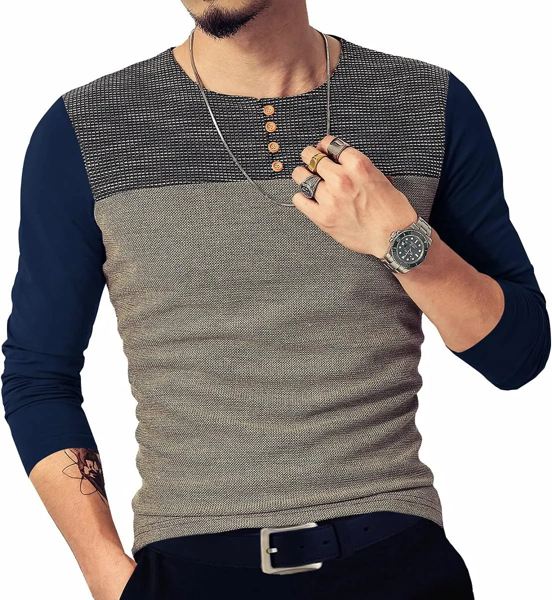 LOGEEYAR Mens Slim Fitted Casual Short Sleeve Button T-Shirts Contrast Color Stitching Tees Tops
