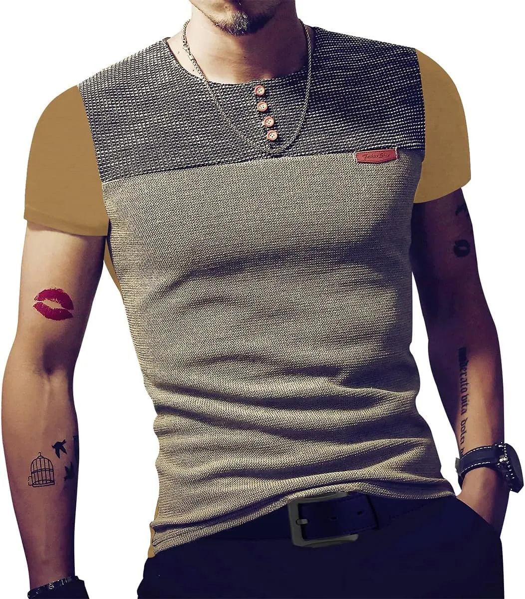 LOGEEYAR Mens Slim Fitted Casual Short Sleeve Button T-Shirts Contrast Color Stitching Tees Tops