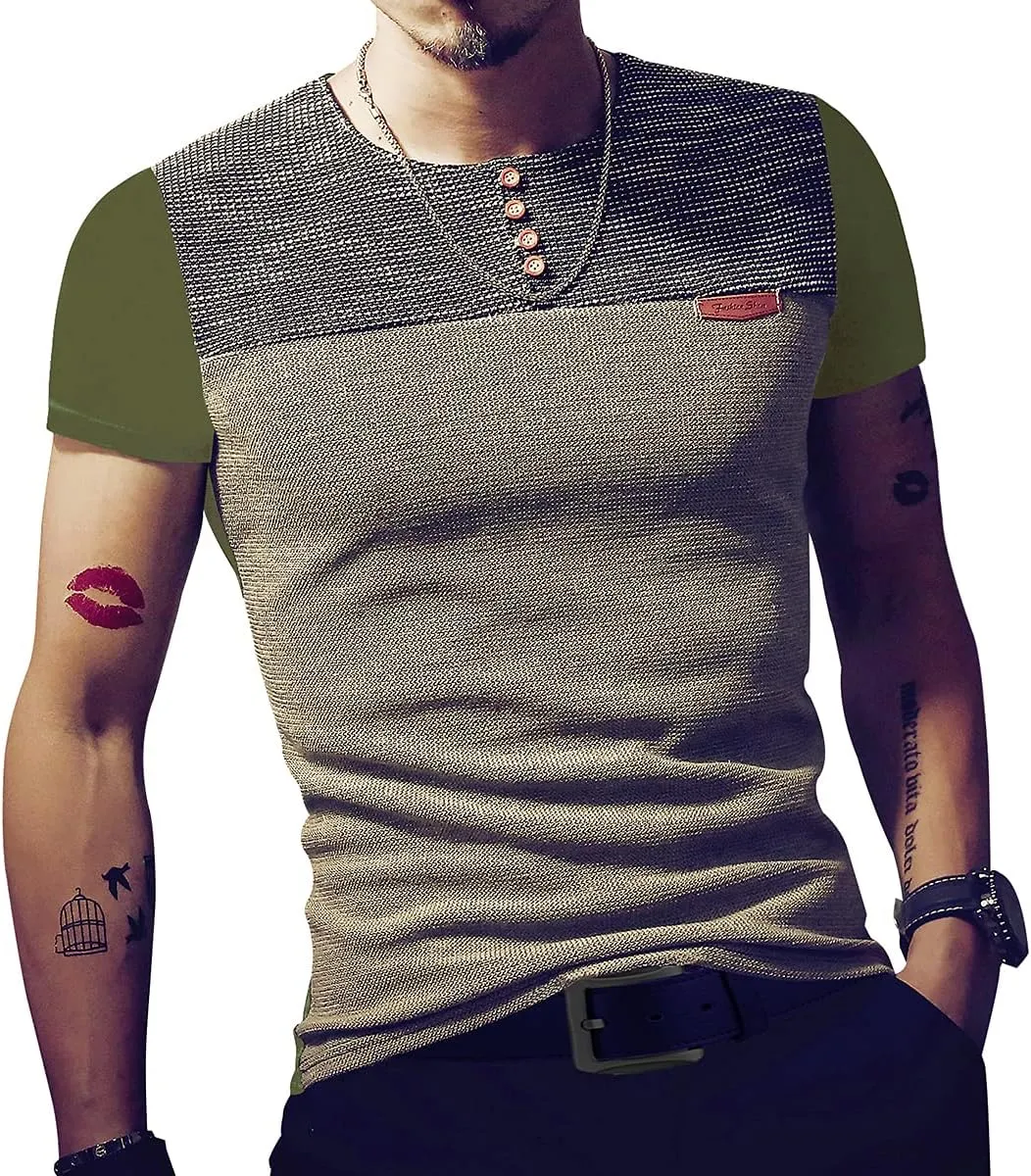 LOGEEYAR Mens Slim Fitted Casual Short Sleeve Button T-Shirts Contrast Color Stitching Tees Tops