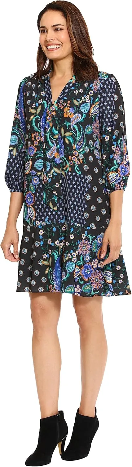 London Times Women's Tie Neck Bishop Sleeve Flounce Hem Perfect Fall Dress Versatile Chic Office