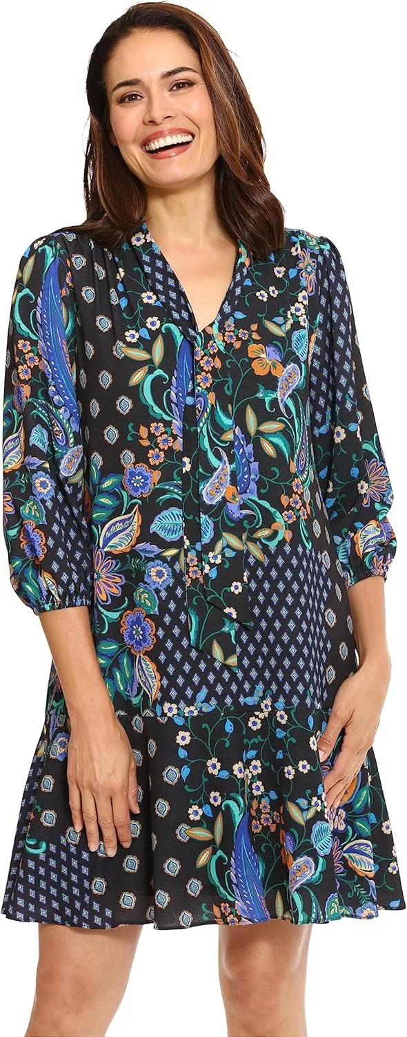 London Times Women's Tie Neck Bishop Sleeve Flounce Hem Perfect Fall Dress Versatile Chic Office