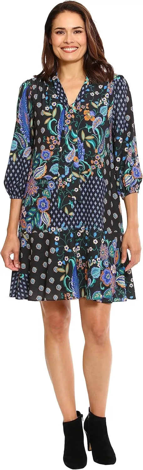 London Times Women's Tie Neck Bishop Sleeve Flounce Hem Perfect Fall Dress Versatile Chic Office