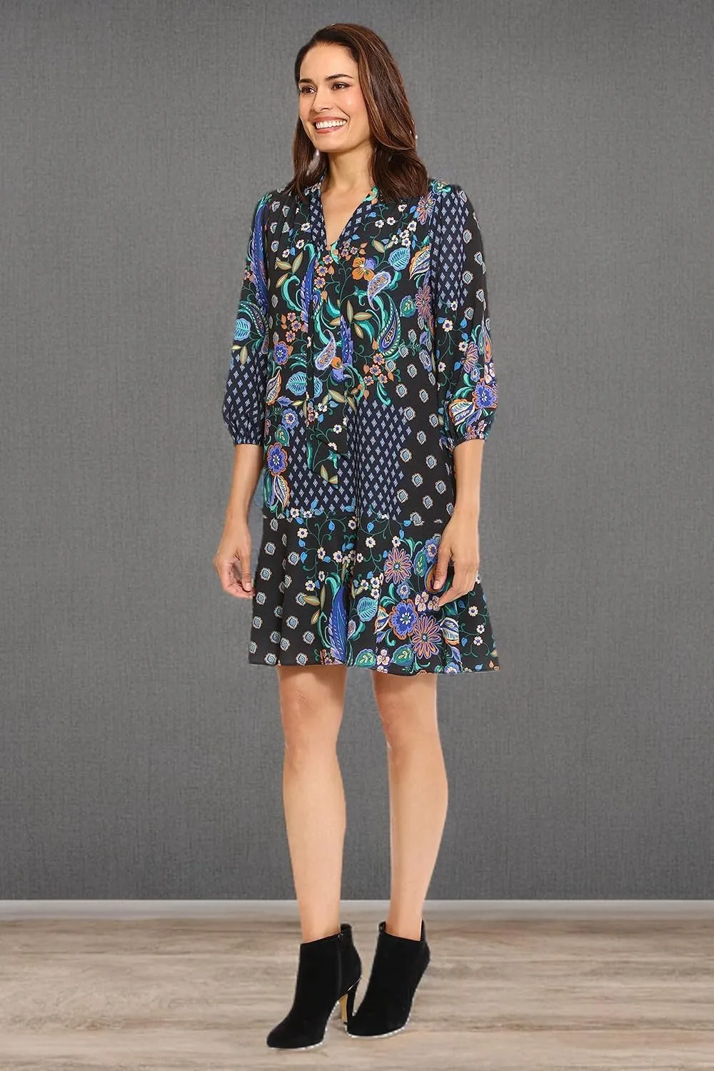 London Times Women's Tie Neck Bishop Sleeve Flounce Hem Perfect Fall Dress Versatile Chic Office