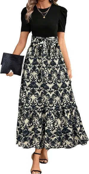 Long Dresses for Women Crew Neck Short Sleeve Patchwork Dress Elegant Wedding Guest Vacation A Line Dress with Pocket