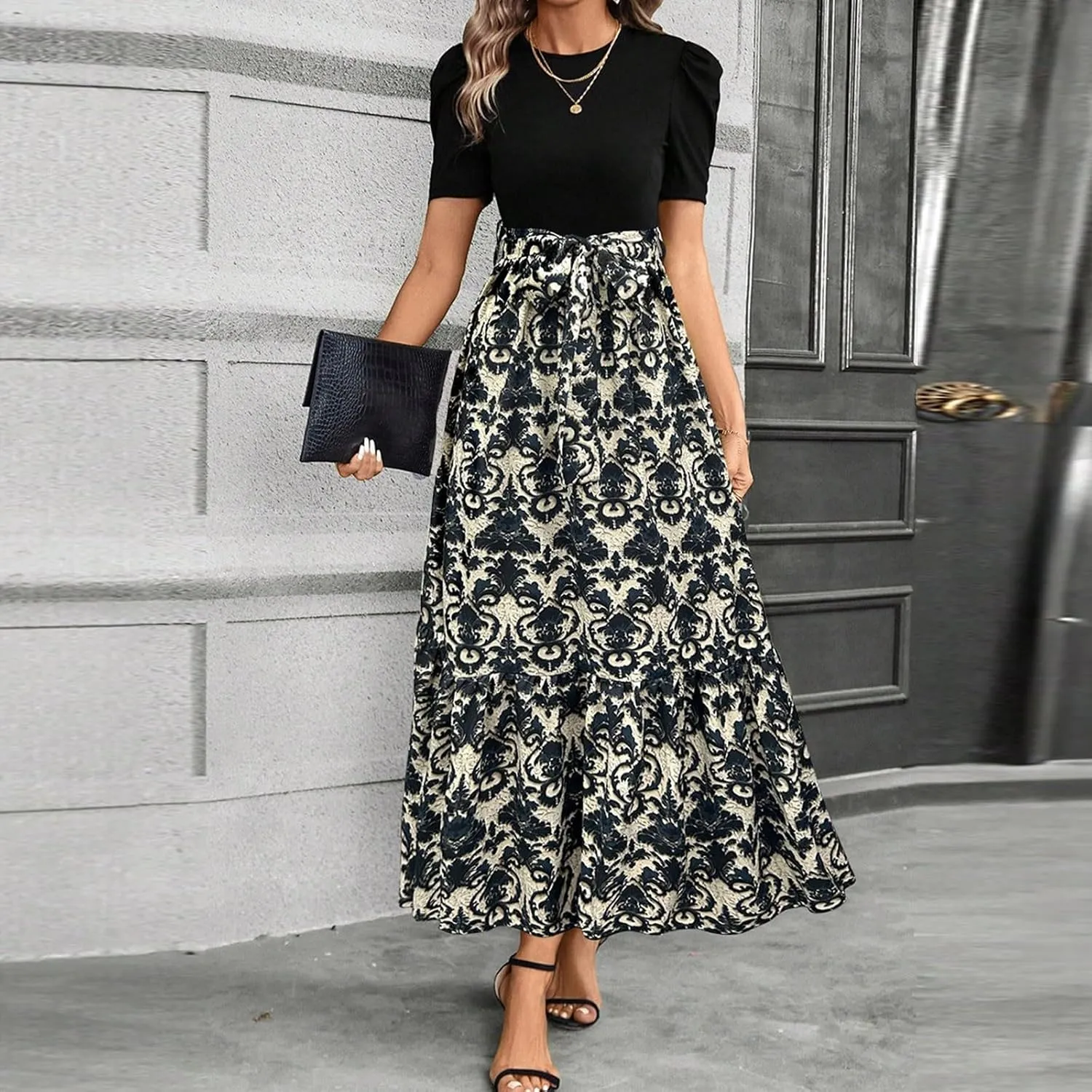 Long Dresses for Women Crew Neck Short Sleeve Patchwork Dress Elegant Wedding Guest Vacation A Line Dress with Pocket