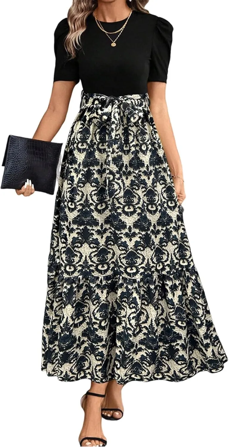 Long Dresses for Women Crew Neck Short Sleeve Patchwork Dress Elegant Wedding Guest Vacation A Line Dress with Pocket