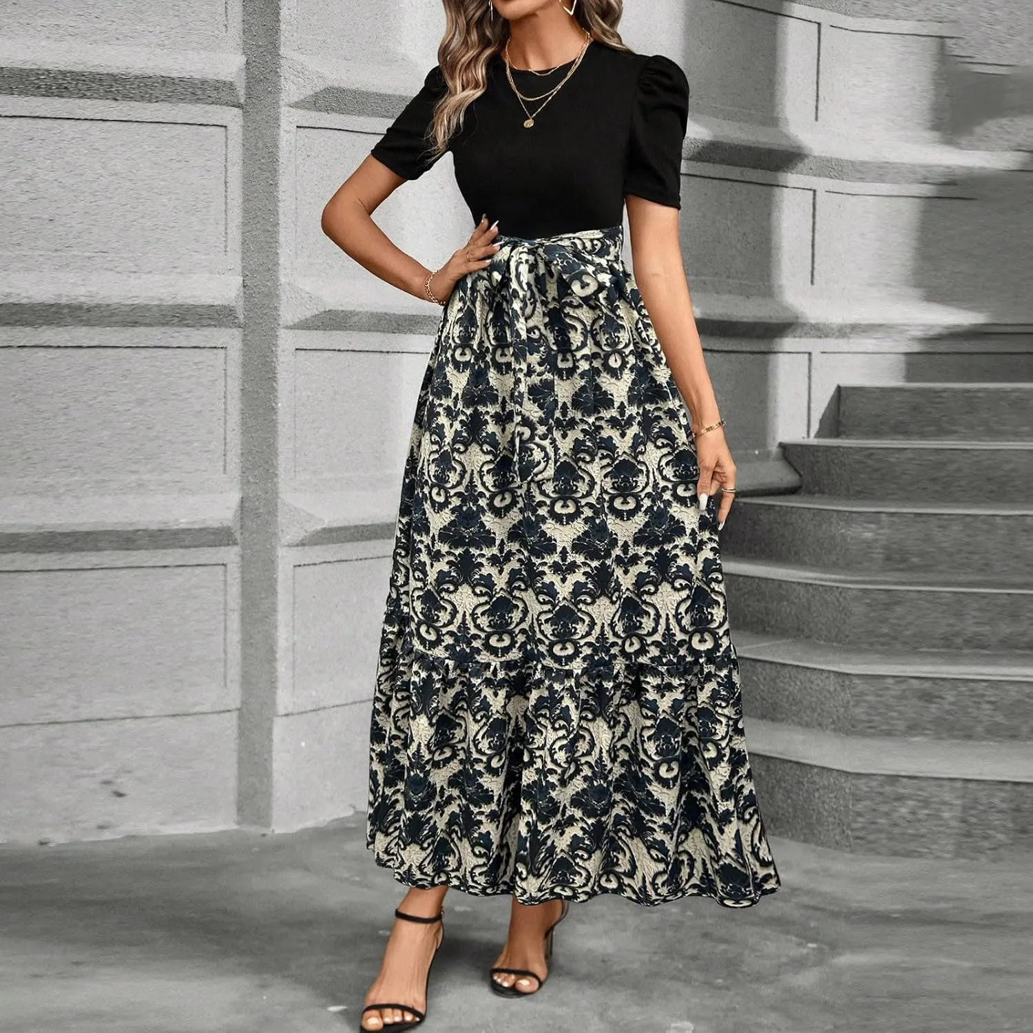 Long Dresses for Women Crew Neck Short Sleeve Patchwork Dress Elegant Wedding Guest Vacation A Line Dress with Pocket