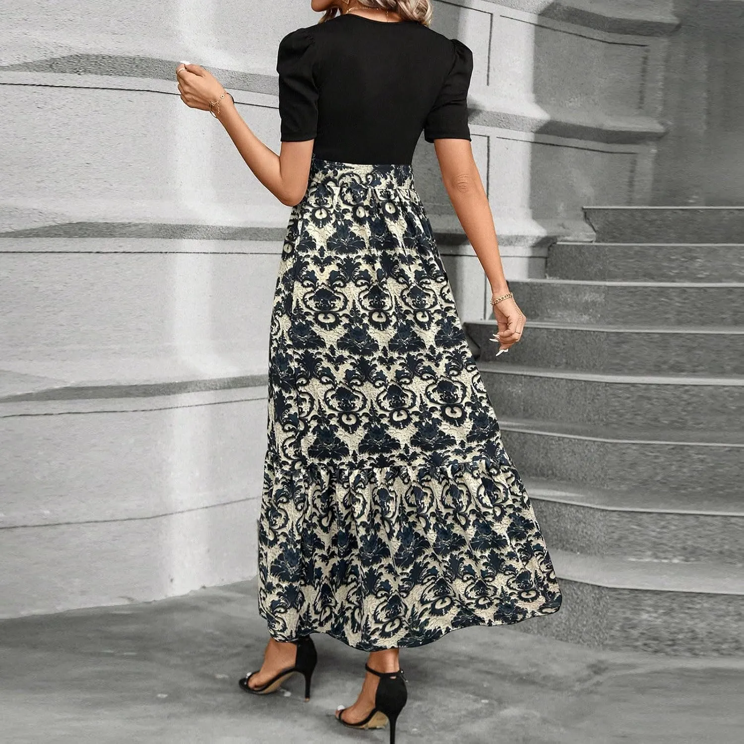 Long Dresses for Women Crew Neck Short Sleeve Patchwork Dress Elegant Wedding Guest Vacation A Line Dress with Pocket
