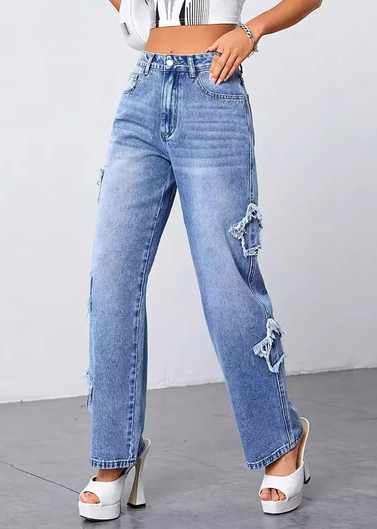 Loose Blue High Waist Patchwork Denim Pants Summer