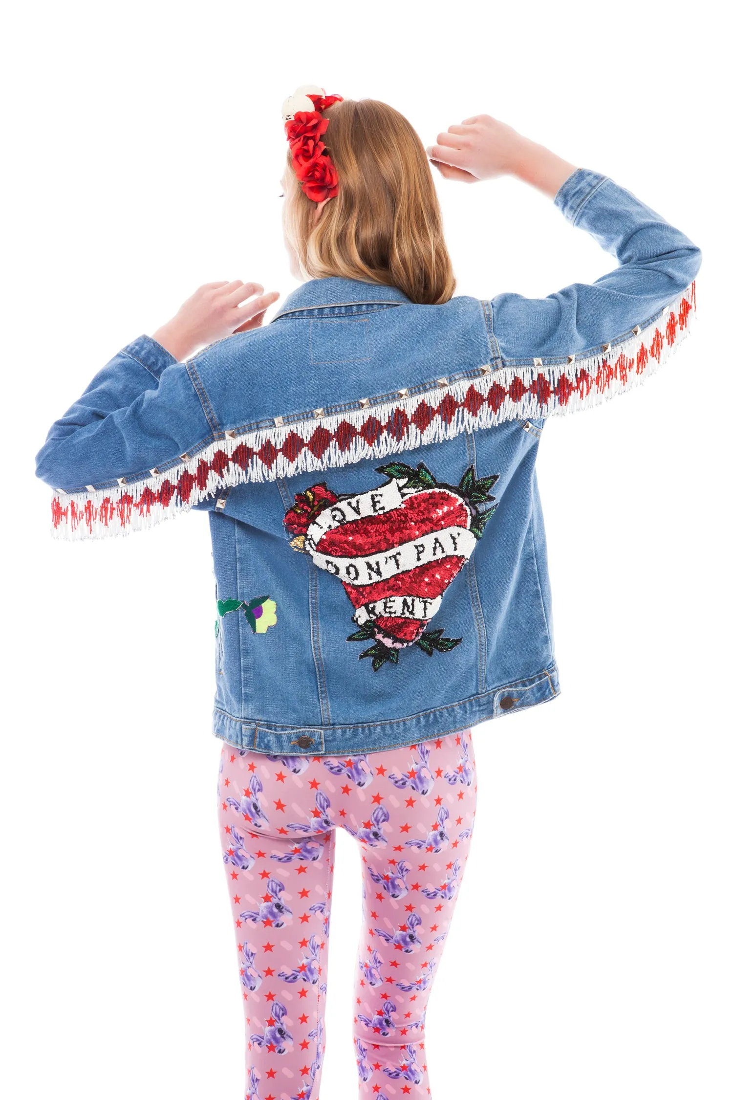 Love Don't Pay Rent Embellished Denim Jacket