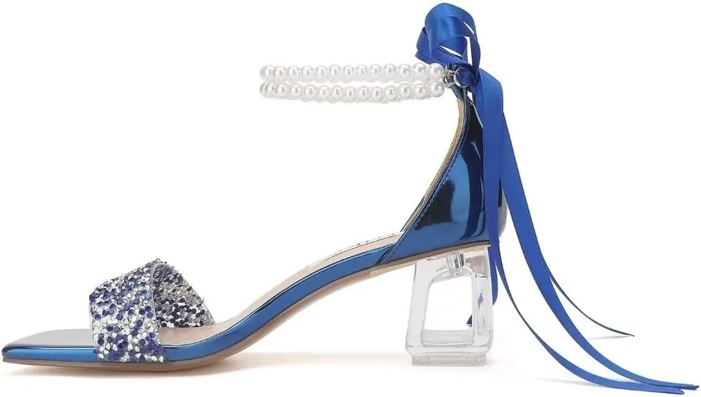 Low Block Heel Wedding Shoes for Bride Clear Heel Sandals Sequin Bridal Shoes Pearl Heels