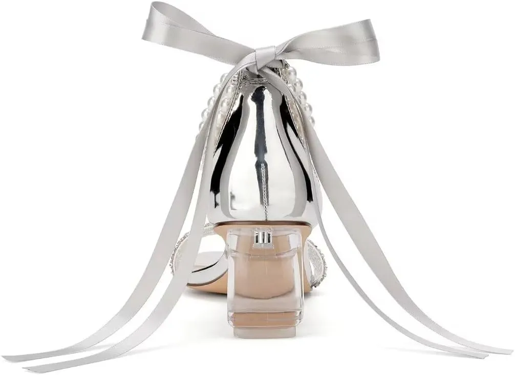 Low Block Heel Wedding Shoes for Bride Clear Heel Sandals Sequin Bridal Shoes Pearl Heels