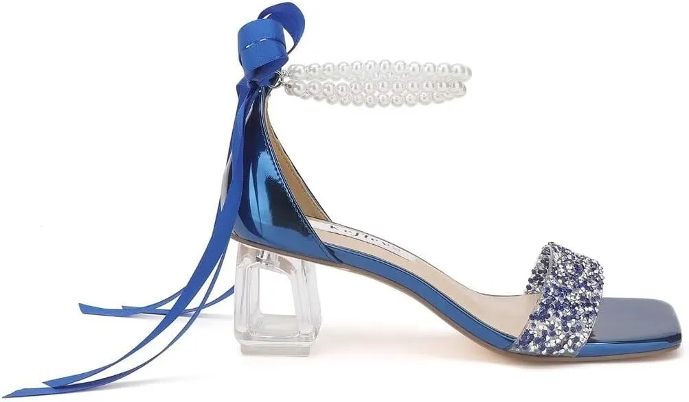Low Block Heel Wedding Shoes for Bride Clear Heel Sandals Sequin Bridal Shoes Pearl Heels