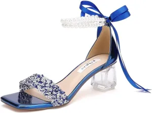 Low Block Heel Wedding Shoes for Bride Clear Heel Sandals Sequin Bridal Shoes Pearl Heels