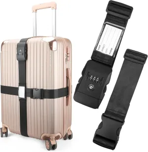 Luggage Straps, TSA Approved Luggage Strap Belt with Combination Lock for Suitcases, 2 Pack Heavy Duty Adjustable Black Cross Suitcase Straps with Name Tags for Travel, Carry On Bags, Protect Luggage