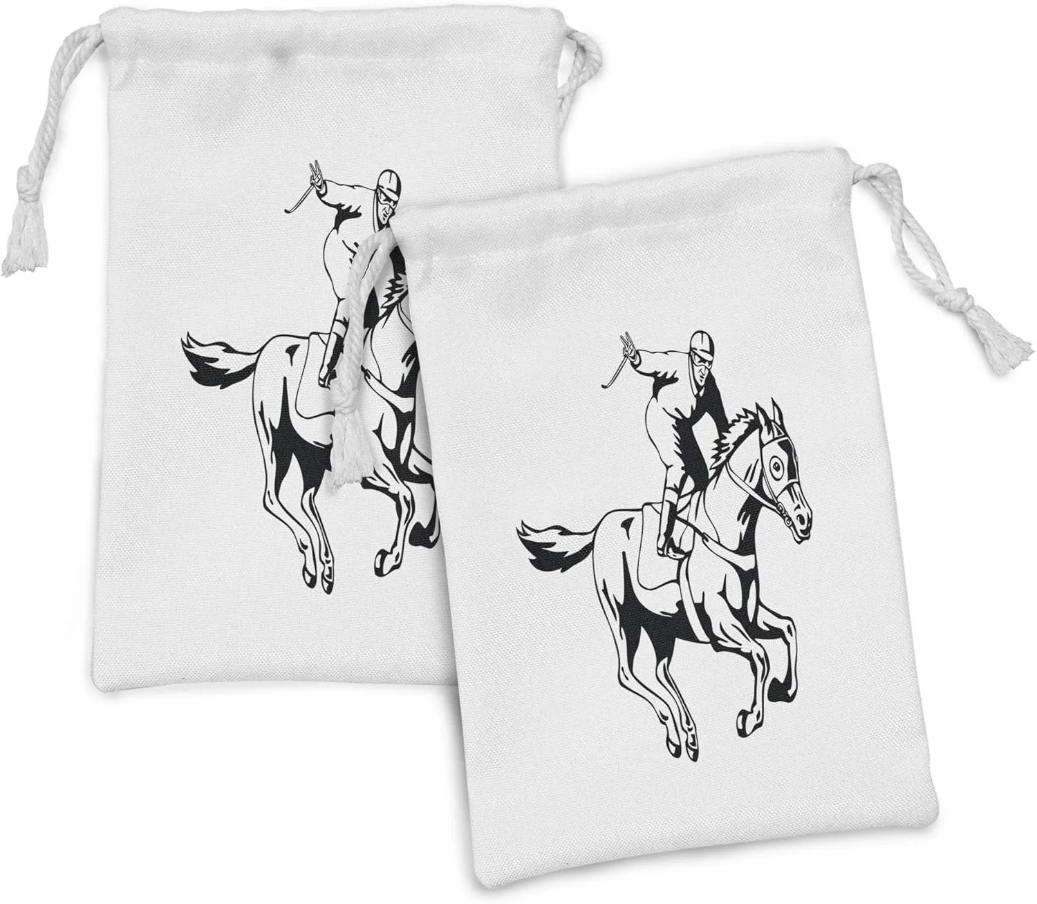 Lunarable Animal Fabric Pouch Set of 2, Jockey Man Riding Horse and Raising Victory Salute Racing Winning Illustration, Small Drawstring Bag for Toiletries Masks and Favors, 9" x 6", Black White