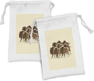 Lunarable Bison Fabric Pouch Set of 2, Buffalo Teamwork in Anger Going for Hunting Wilderness Mammal Design, Small Drawstring Bag for Toiletries Masks and Favors, 9" x 6", Pale Caramel Brown Ivory