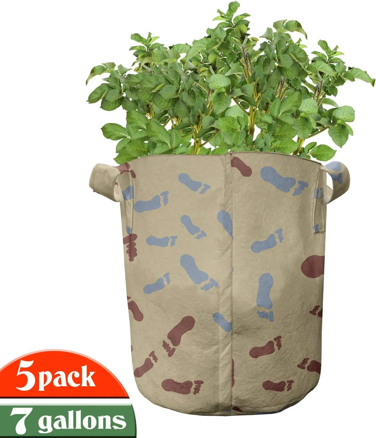 Lunarable Footprints Grow Bags 5-Pack, Mans Feet Tracks Imprint, Heavyduty Fabric Pots with Handles for Plants, 7 Gallon, Pale Camel Blue Grey
