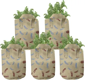 Lunarable Footprints Grow Bags 5-Pack, Mans Feet Tracks Imprint, Heavyduty Fabric Pots with Handles for Plants, 7 Gallon, Pale Camel Blue Grey