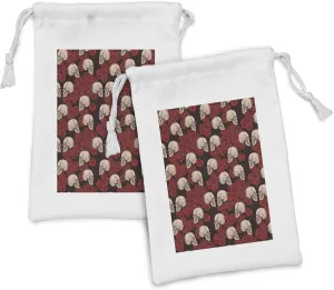 Lunarable Gothic Fabric Pouch Set of 2, Demonstration of Skulls and Flourishing Rose Silhouettes Dark Theme, Small Drawstring Bag for Toiletries Masks and Favors, 9" x 6", Dark Grey and Multicolor