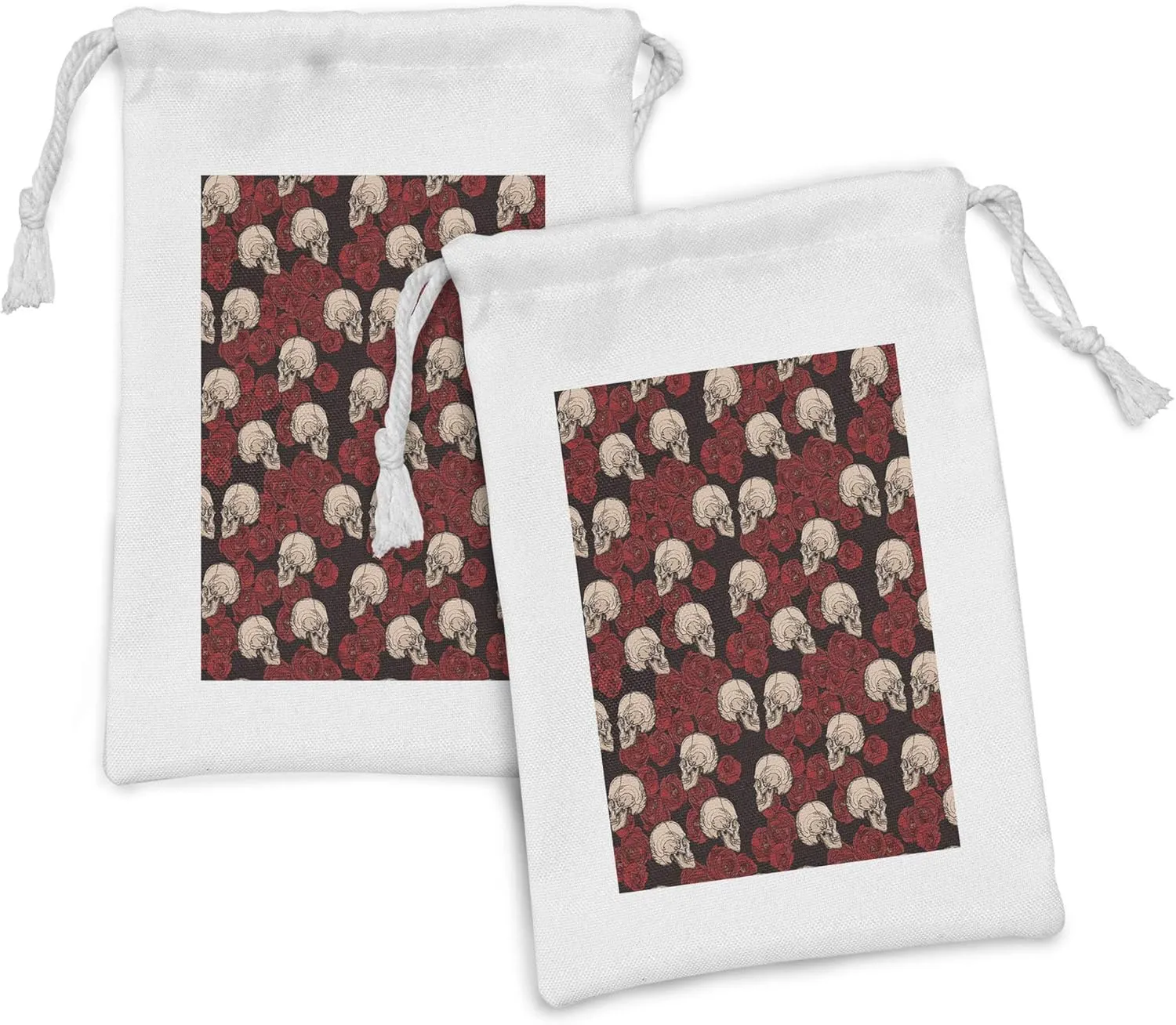 Lunarable Gothic Fabric Pouch Set of 2, Demonstration of Skulls and Flourishing Rose Silhouettes Dark Theme, Small Drawstring Bag for Toiletries Masks and Favors, 9" x 6", Dark Grey and Multicolor