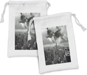 Lunarable New York Fabric Pouch Set of 2, Urban Design Cityscape of Skyscrapers and the Cloudy Sky Digital Art Print, Small Drawstring Bag for Toiletries Masks and Favors, 9" x 6", Grey and Black