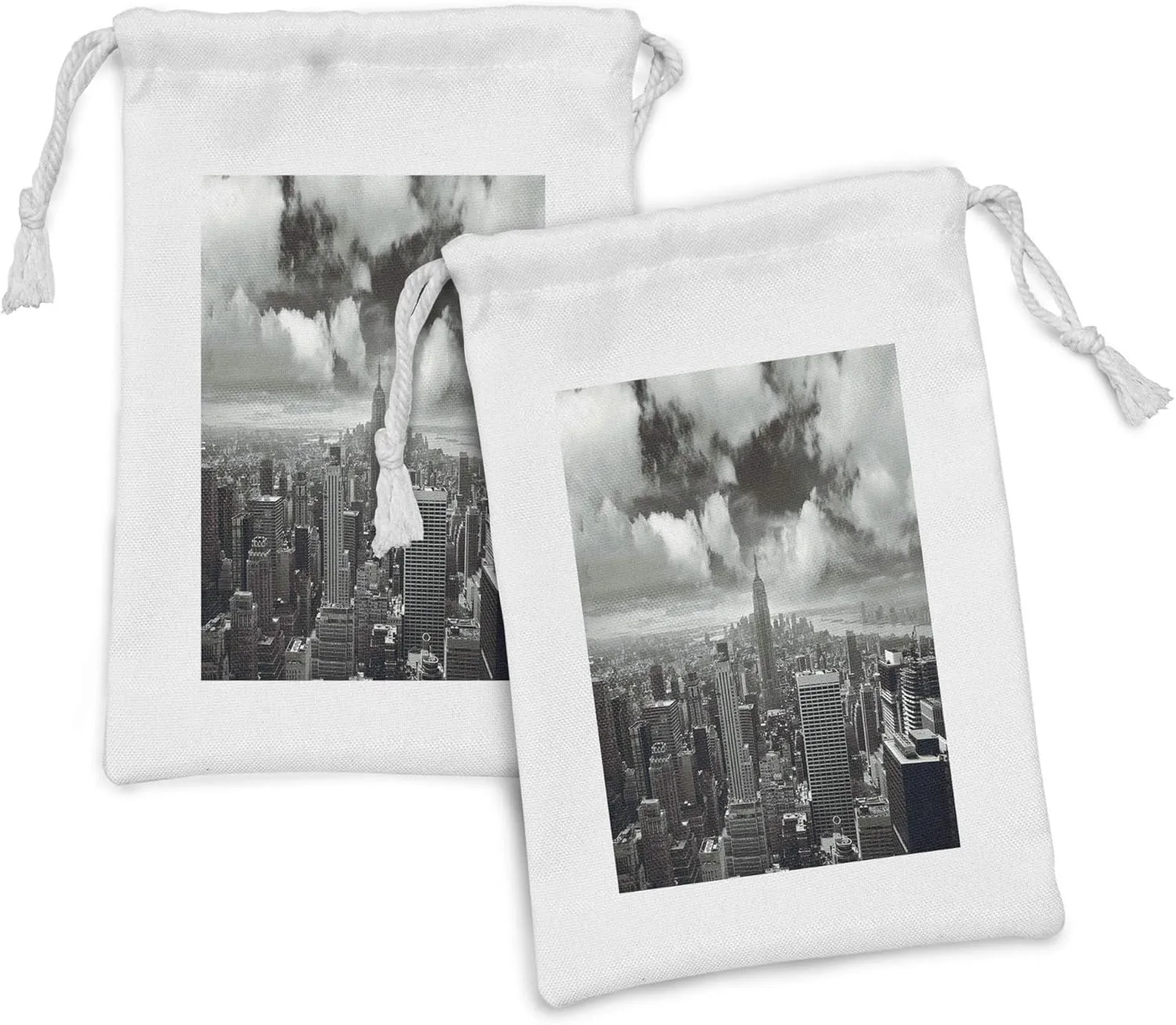 Lunarable New York Fabric Pouch Set of 2, Urban Design Cityscape of Skyscrapers and the Cloudy Sky Digital Art Print, Small Drawstring Bag for Toiletries Masks and Favors, 9" x 6", Grey and Black