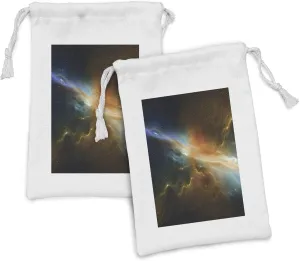 Lunarable Outer Space Fabric Pouch Set of 2, Astronomy Celestial Meteorite Supernova Dark Mysterious Space Picture, Small Drawstring Bag for Toiletries Masks and Favors, 9" x 6", Marigold Aqua Blue