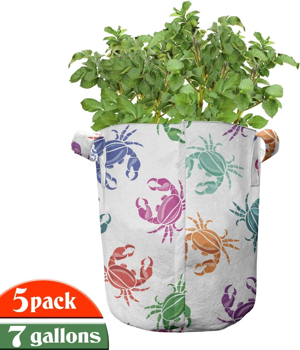 Lunarable Sea Animals Grow Bags 5-Pack, Crabs Lively Colors, Heavyduty Fabric Pots with Handles for Plants, Orange Teal