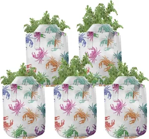 Lunarable Sea Animals Grow Bags 5-Pack, Crabs Lively Colors, Heavyduty Fabric Pots with Handles for Plants, Orange Teal