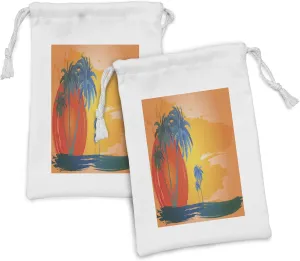 Lunarable Tropical Fabric Pouch Set of 2, Illustration of a Dramatic Sunset Scene with Palm Trees, Small Drawstring Bag for Toiletries Masks and Favors, 9" x 6", Vermilion Sea Blue