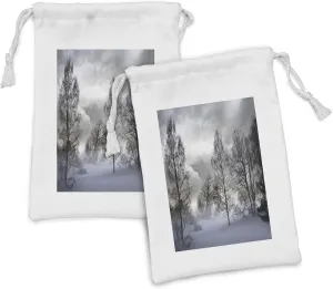 Lunarable Winter Fabric Pouch Set of 2, Snowy Forest with Frozen Trees Under Stormy Moody Sky Overcast Windy Landscape, Small Drawstring Bag for Toiletries Masks and Favors, 9" x 6", Grey and White