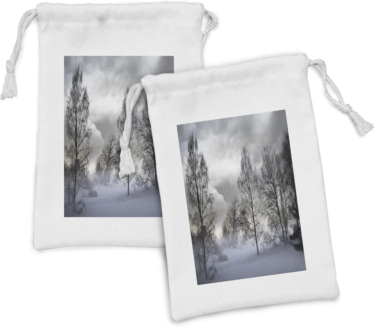 Lunarable Winter Fabric Pouch Set of 2, Snowy Forest with Frozen Trees Under Stormy Moody Sky Overcast Windy Landscape, Small Drawstring Bag for Toiletries Masks and Favors, 9" x 6", Grey and White
