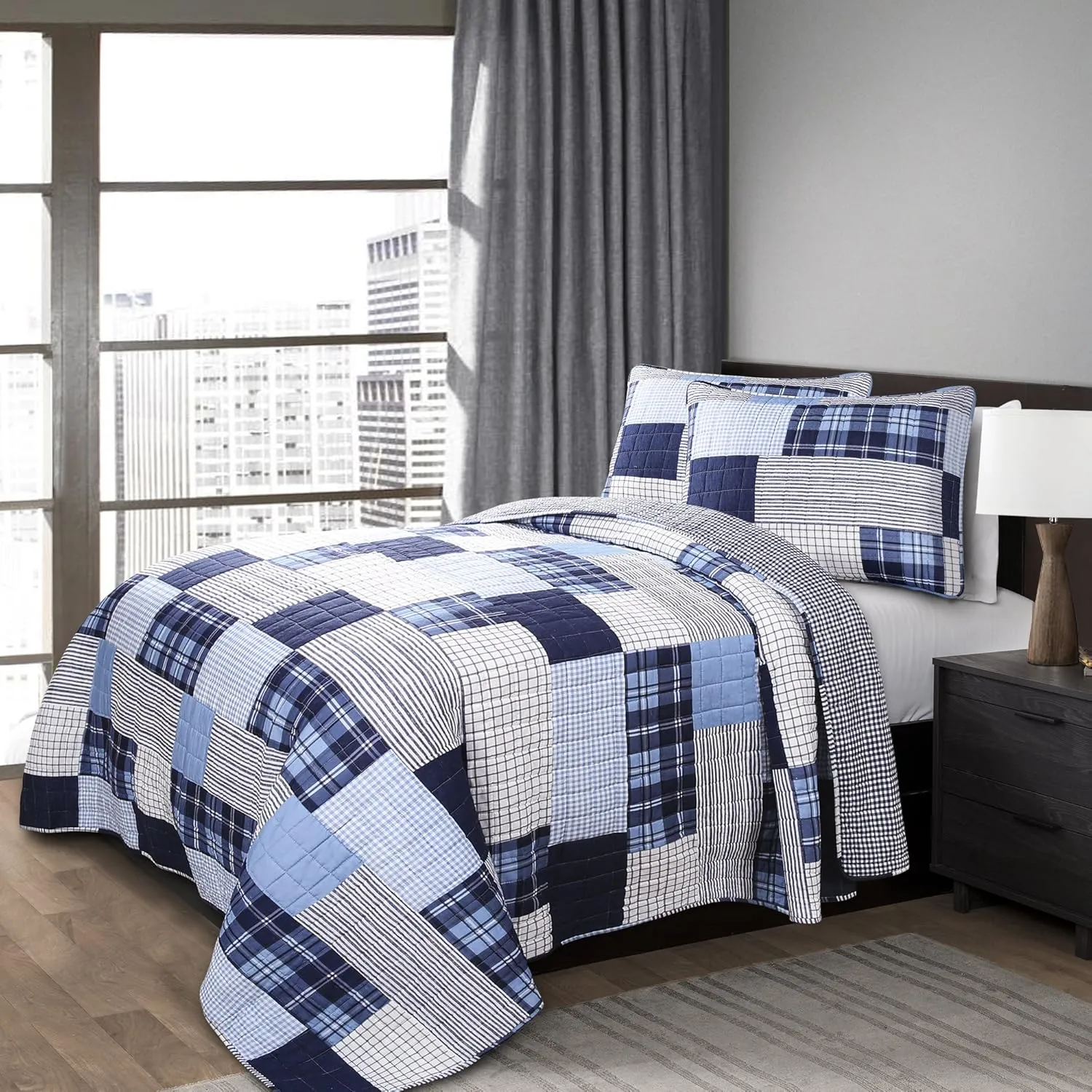 Lush Decor, Full/Queen, Navy Greenville 3 Piece Quilt Set