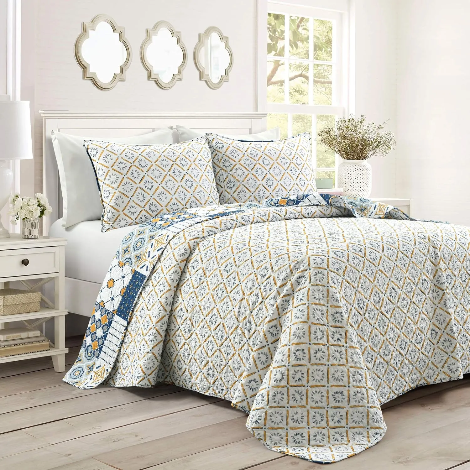 Lush Decor Monique 3 Piece Quilt Set, Full/Queen, Navy & Mustard