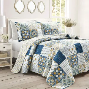 Lush Decor Monique 3 Piece Quilt Set, Full/Queen, Navy & Mustard