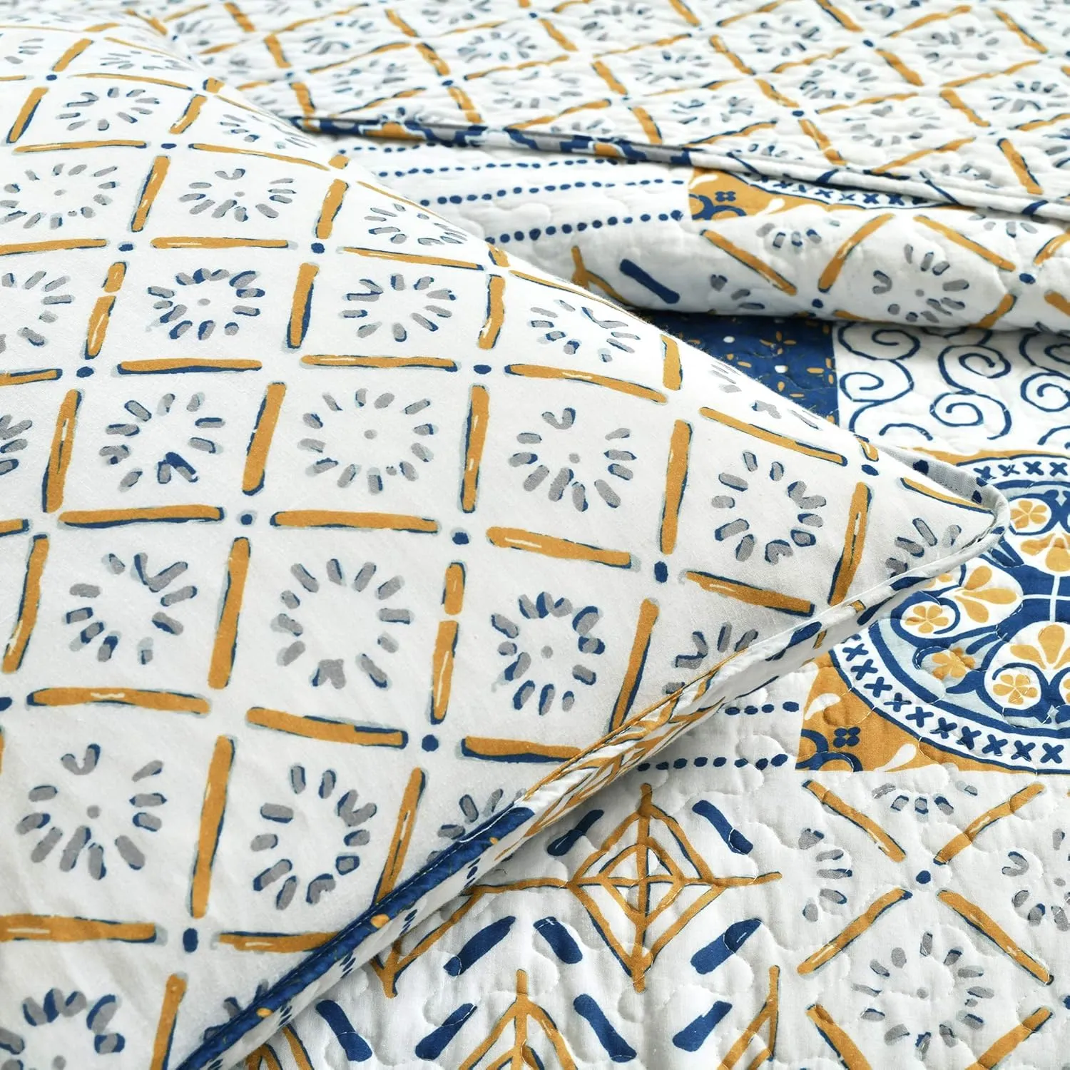 Lush Decor Monique 3 Piece Quilt Set, Full/Queen, Navy & Mustard