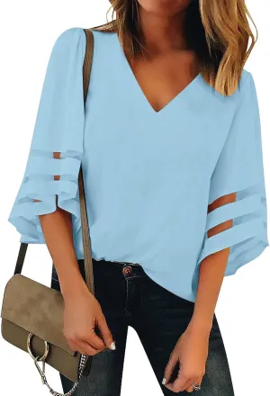 luvamia Women's Casual V Neck Blouse 3/4 Bell Sleeve Mesh Panel Shirts Loose Top