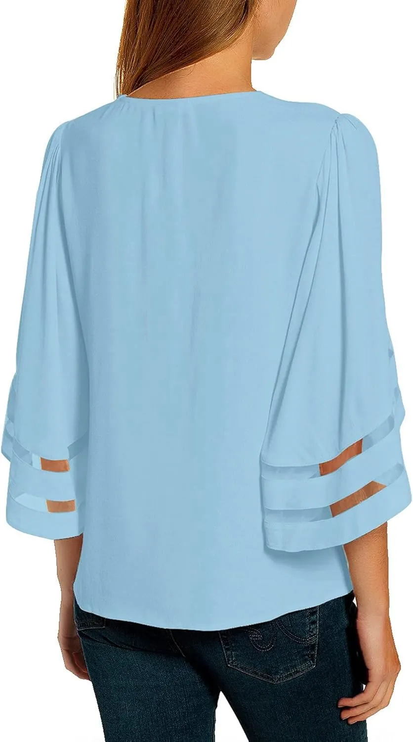 luvamia Women's Casual V Neck Blouse 3/4 Bell Sleeve Mesh Panel Shirts Loose Top